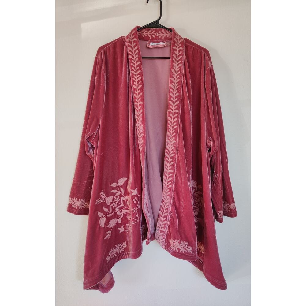 Floriana Floral Embroidered‎ Velvet Open Front Cardigan Dusty Mauve Size 3X